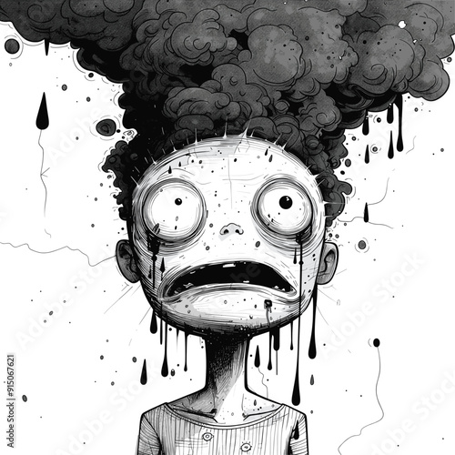 Cartoon character with wide eyes and swirling, cosmic hair, black and white surreal art.
