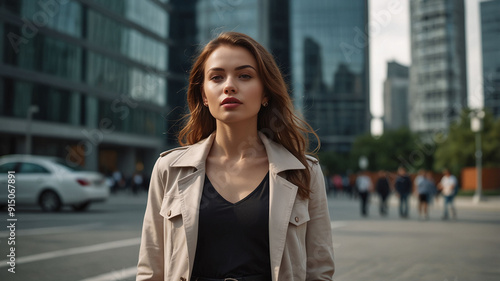 Stylish Young Woman in Beige Trench Coat Walking in Modern Urban Business District