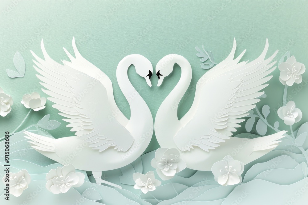 Fototapeta premium Elegant Paper Cut Scene Featuring a Pair of Swans in Love Among Floral Elements - Perfect for Romance or Wedding Themes
