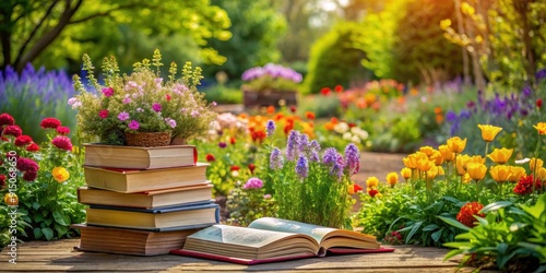 A beautiful literary garden filled with colorful books and blooming flowers , literature, garden, books, reading