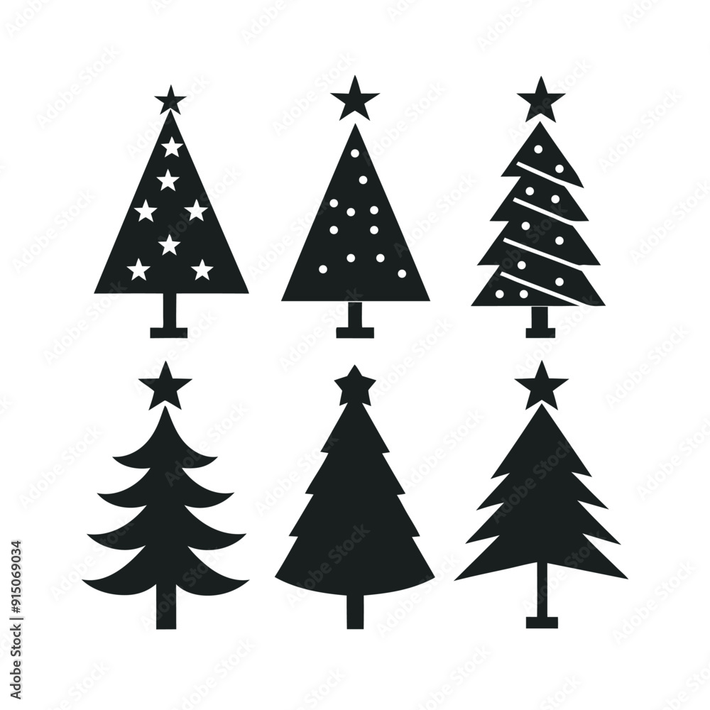 Obraz premium Christmas Tree Silhouette Set Festive Tree Icons for Holiday Designs, Black and White Christmas Tree Silhouettes 
