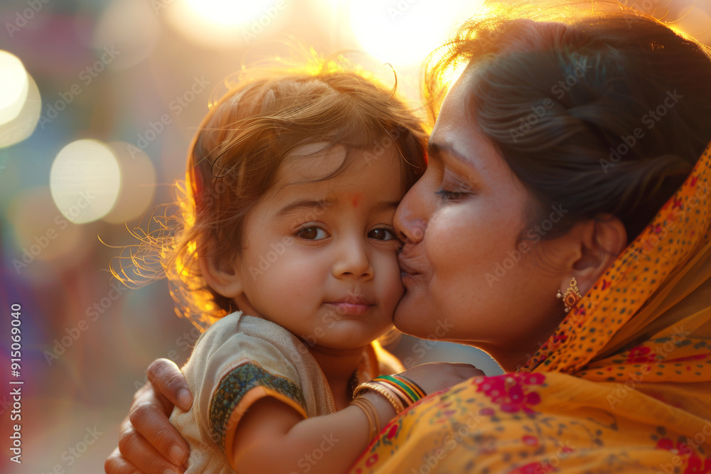 An affectionate young Indian mother kissing her little daughter An affectionate young Indian mother kissing her little daughter