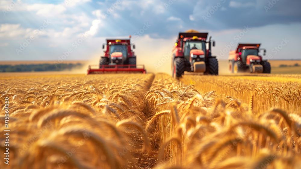 Fototapeta premium The scene of autumn combine harvester harvesting wheat in the wheat field