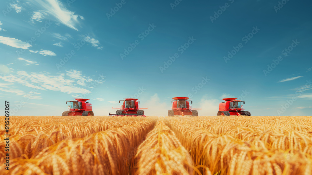 Fototapeta premium The scene of autumn combine harvester harvesting wheat in the wheat field