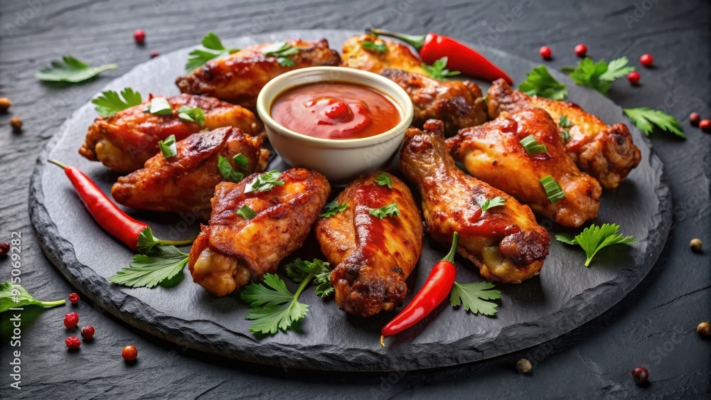 Fototapeta premium Hot and spicy bbq chicken wings with dip and hot sauce on black stone plate, spicy, bbq, chicken wings, dip