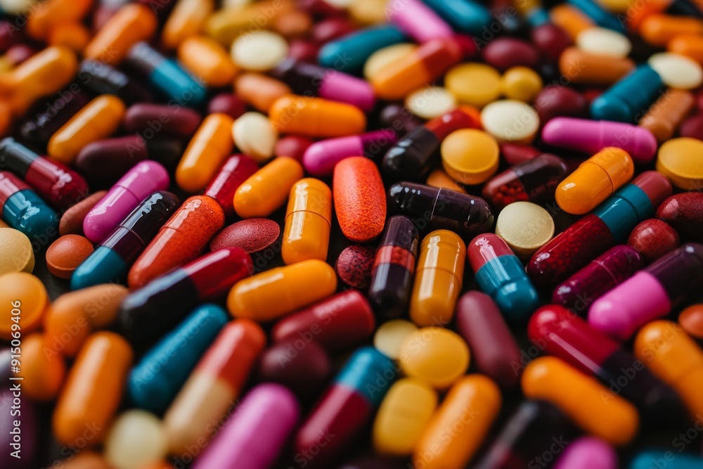 Colorful Array of Medications Captured in a Rustic Tray Showcasing the Beauty and Variety of Drug Forms. Colorful Array of Medications Captured in a Rustic Tray Showcasing the Beauty and Variety of Drug Forms.