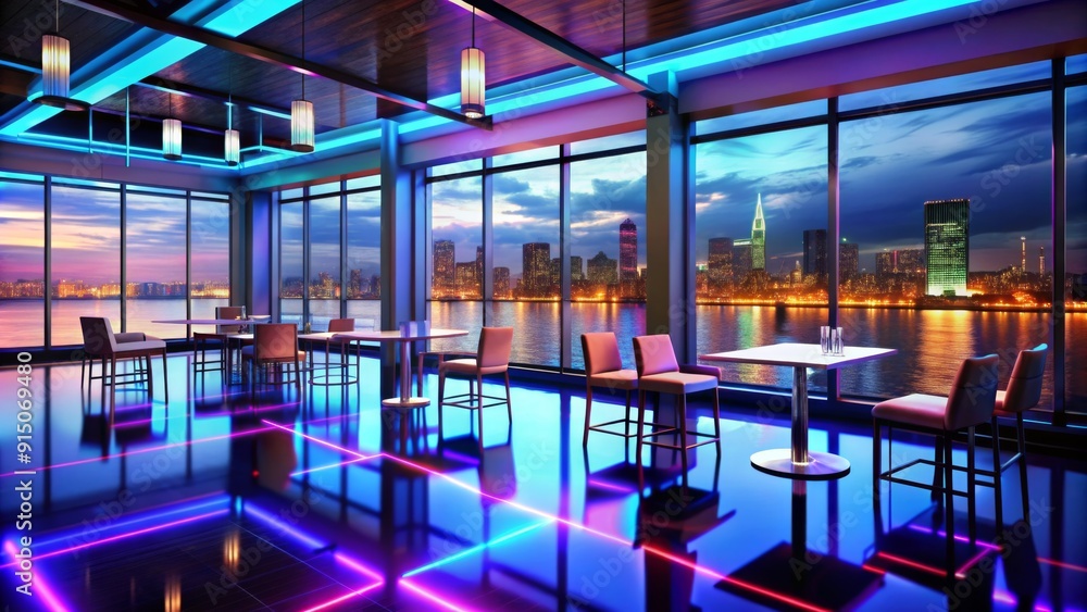 Neon Night Cityscape A View From Above - 3D Rendered Interior Design With City Lights Reflecting on Glossy Floor - Urban Nightscape, Nightclub, City Lights, Neon Lighting, 3D Rendering Neon Night Cityscape A View From Above - 3D Rendered Interior Design With City Lights Reflecting on Glossy Floor - Urban Nightscape, Nightclub, City Lights, Neon Lighting, 3D Rendering