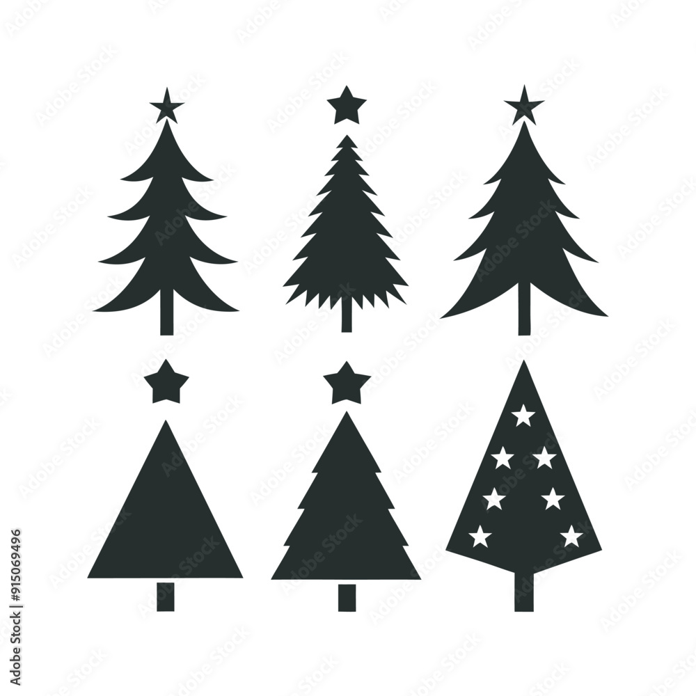 Obraz premium Christmas Tree Silhouette Set Festive Tree Icons for Holiday Designs, Black and White Christmas Tree Silhouettes 