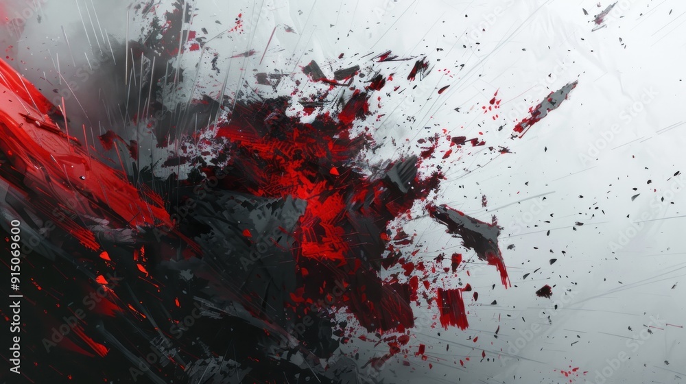 This striking abstract art depicts a dynamic explosion of red and black tones, symbolizing intensity and chaos with sharp lines and fragmented pieces creating a dramatic atmosphere.