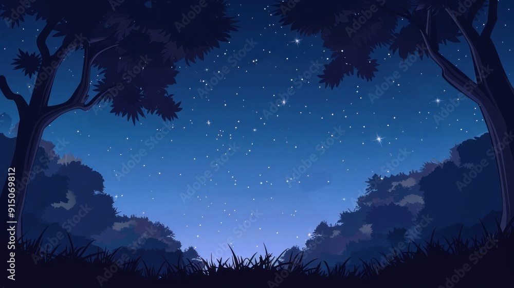 Naklejka premium This image depicts a serene and tranquil night scene with a clear sky full of stars, viewed through the silhouettes of trees in a forest, creating a peaceful ambiance.