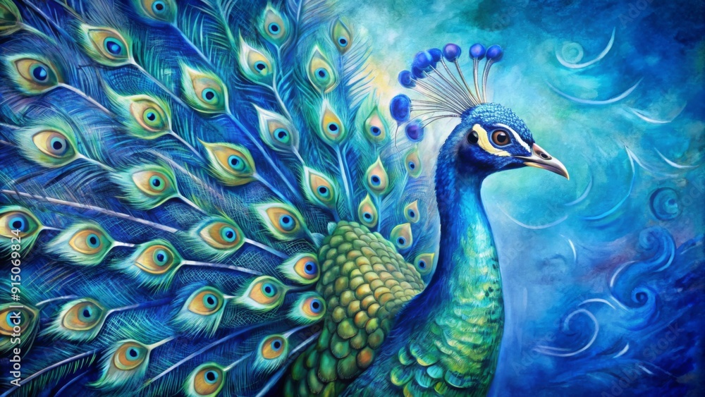 Fototapeta premium Peacock's Eye - Watercolor Painting of a Majestic Peacock with Vibrant Blue Feathers and a Swirling Blue Background - Bird, Feather, Nature, Wildlife, Art, Beauty, Watercolor