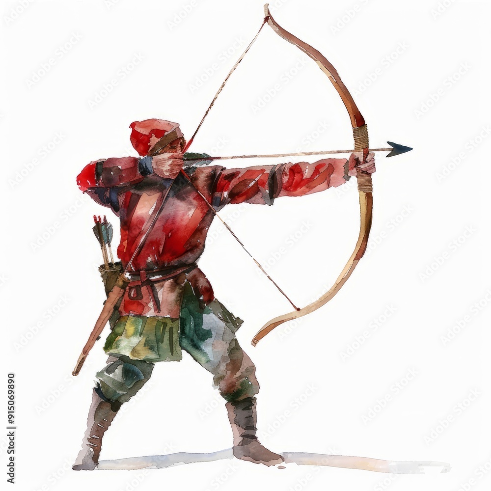 Watercolor painting of an archer drawing a bow, on isolated white background
