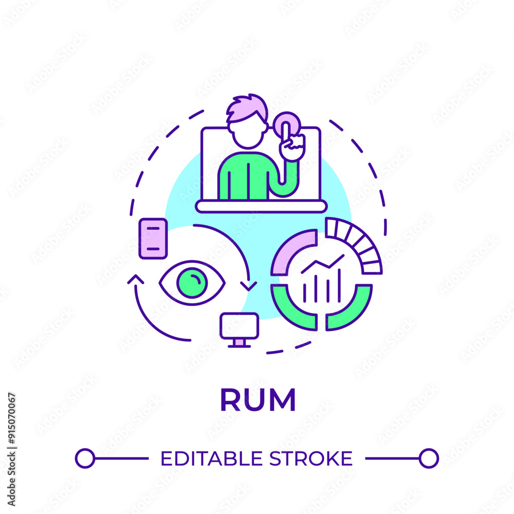 RUM multi color concept icon. Realtime data, digital services. Web performance. Round shape line illustration. Abstract idea. Graphic design. Easy to use in infographic, presentation RUM multi color concept icon. Realtime data, digital services. Web performance. Round shape line illustration. Abstract idea. Graphic design. Easy to use in infographic, presentation