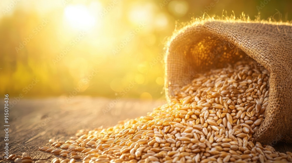 Close-up of wheat grains spilling from a burlap sack in a field at sunset. Close-up of wheat grains spilling from a burlap sack in a field at sunset.