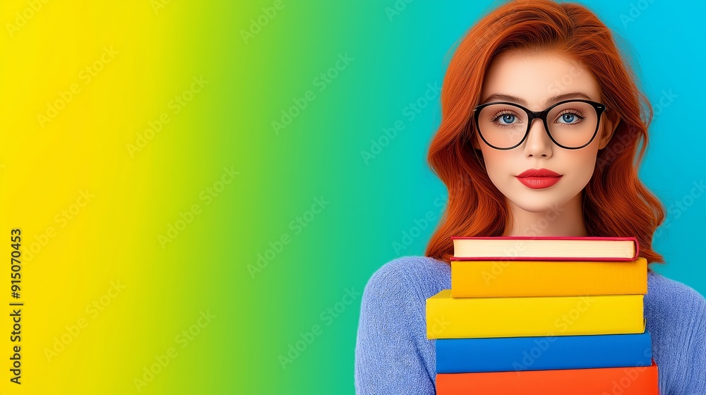 A woman wearing glasses is holding a stack of books. The books are of different colors, and the woman is standing in front of a green background. Concept of knowledge and learning