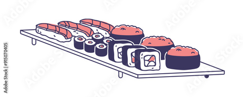 Sushi set, Japan rolls, nigiri, uramaki and maki. Traditional Japanese cuisine with salmon, tuna, rice. Asian susi meal served on board plate. Flat vector illustration isolated on white background