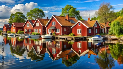 Reflected Idyll A Row of Red Swedish Cottages on a Calm Canal, Digital Painting, Scandinavian Architecture, Water Reflection, Idyllic Landscape, Boat Dock, Summer Vacation