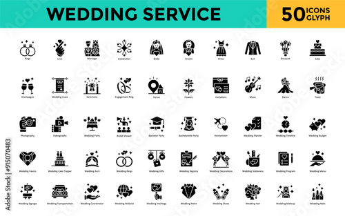 Wedding Service icon set with rings, love, marriage, celebration, bride, groom, dress, suit, bouquet, cake icon. Simple glyph vector 
