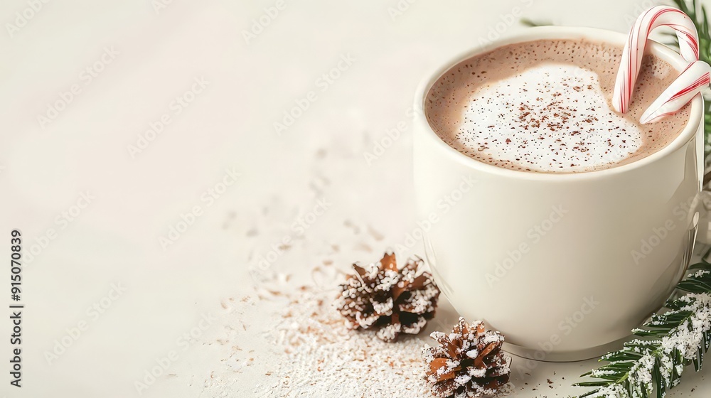 A cozy cup of hot cocoa topped with frothy milk and candy cane, surrounded by snow-dusted pine cones and festive decorations. A cozy cup of hot cocoa topped with frothy milk and candy cane, surrounded by snow-dusted pine cones and festive decorations.