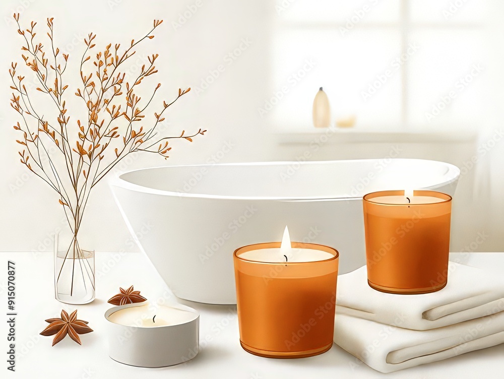 A serene bathroom setup featuring lit candles, decorative branches in a vase, and a modern white bathtub, evoking a sense of relaxation and calm. A serene bathroom setup featuring lit candles, decorative branches in a vase, and a modern white bathtub, evoking a sense of relaxation and calm.