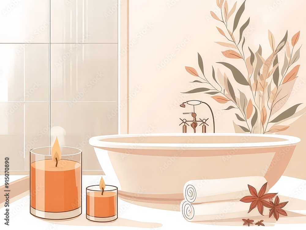 Fototapeta premium A minimalist bathroom featuring lit candles, a sleek bathtub, rolled white towels, and decorative leaves on the wall, creating a calming ambiance.