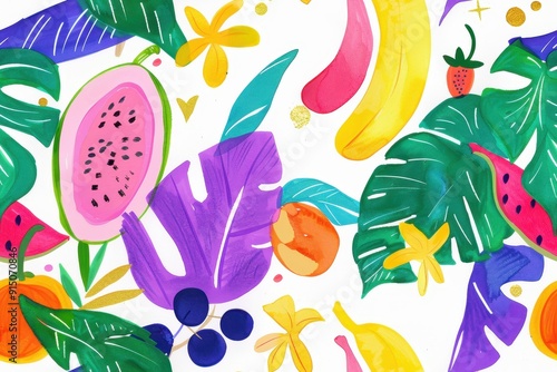 Colorful Tropical Fruit and Leaf Illustration