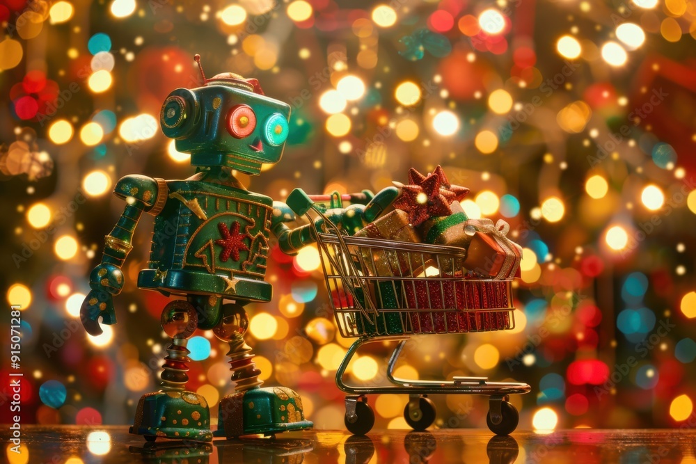 Fototapeta premium Festive Robot Carrying Christmas Presents Amidst Holiday Lights Creating a Whimsical and Futuristic Holiday Scene