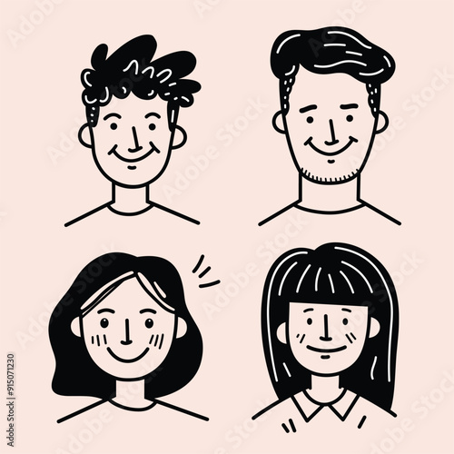 Cute avatar set of four people with thick black line art on a pastel pink background.
 photo