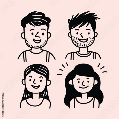 Cute avatar set of four people with thick black line art on a pastel pink background.
 photo