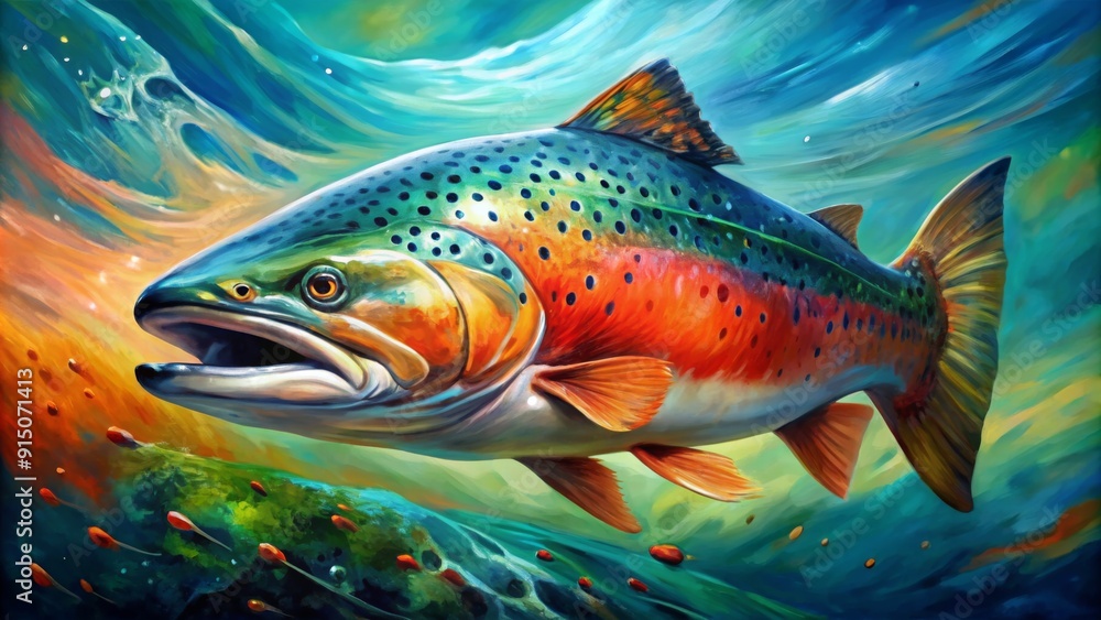 Naklejka premium The Splendor of the Rainbow Trout A Digital Painting Exploration of Underwater Beauty - Digital art, rainbow trout, aquatic, vibrant, underwater, nature, wildlife