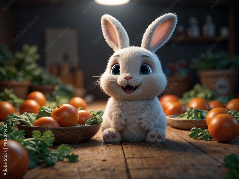 In the picture, the rabbit is sitting on the bright green grass. He ...