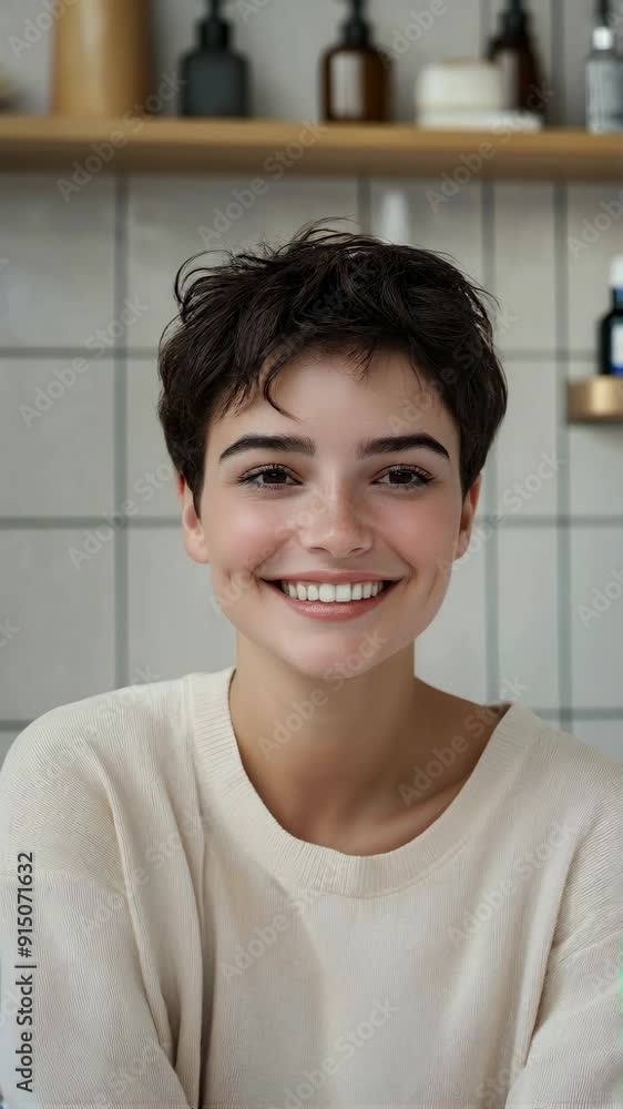 Smiling young woman with short hair in bathroom, vertical shot Smiling young woman with short hair in bathroom, vertical shot