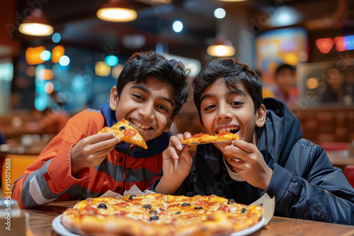 Happy fun loving Indian boys eating pizza in a restaurant	
