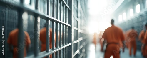 Blurred view of prisoners in orange jumpsuits walking through a prison corridor.
