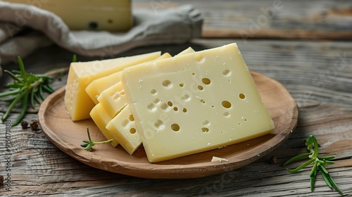 Plate full of cheese slice on old wooden table photo