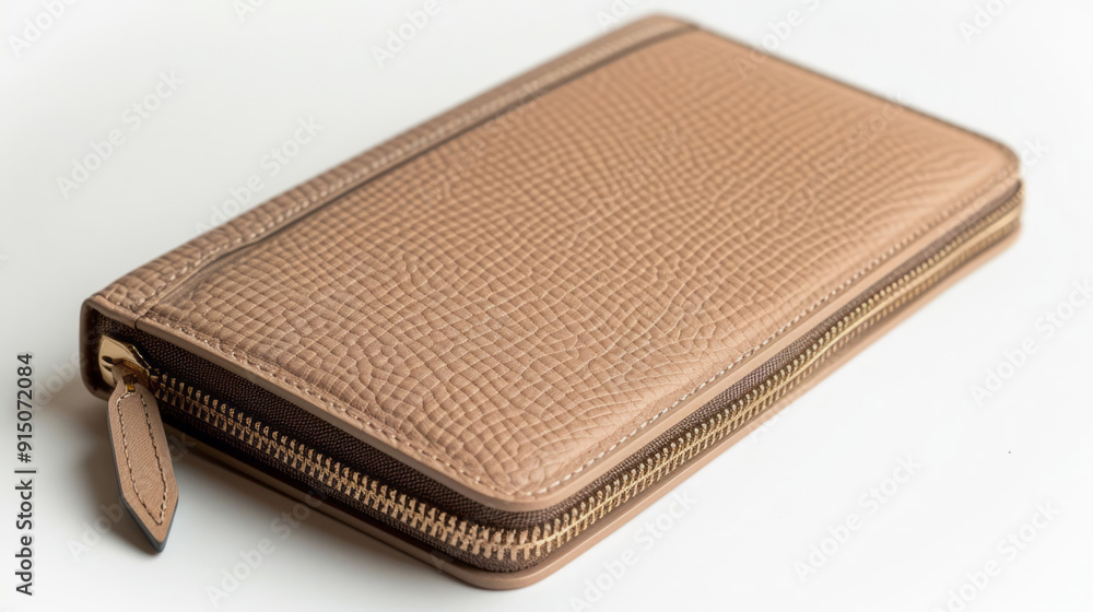 A light long wallet with a zipper from the front against a white background in a photograph. A light long wallet with a zipper from the front against a white background in a photograph.
