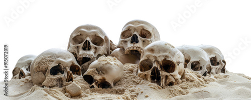 A pile of skulls on the beach with no shadows on a empty background in a PNG format.