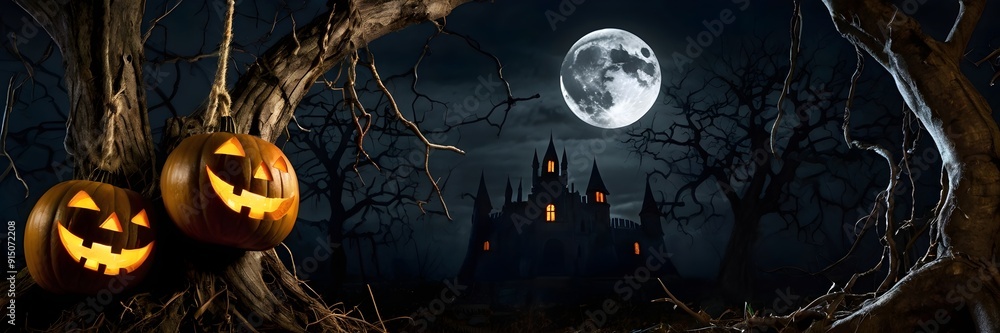 two illuminated carved halloween pumpkins on a twisted and dry tree, in the background a dark castle with some illuminated windows, surrounded by bare and twisted trees and full moon, halloween, pumpk two illuminated carved halloween pumpkins on a twisted and dry tree, in the background a dark castle with some illuminated windows, surrounded by bare and twisted trees and full moon, halloween, pumpk