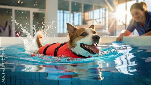 A happy dog swimming in a hydrotherapy pool, wearing a bright red life jacket