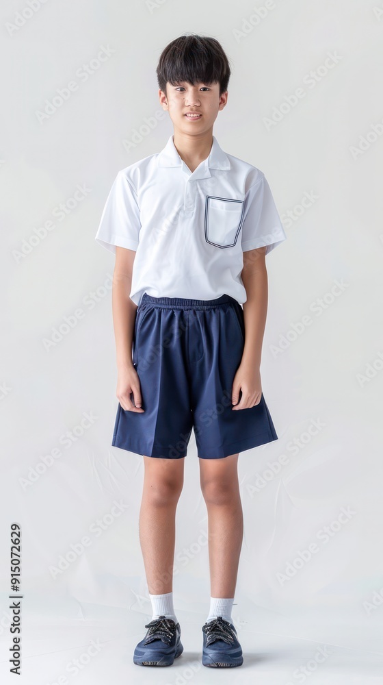 Fototapeta premium Asian male junior high school student, sports shorts with short sleeves, full body.