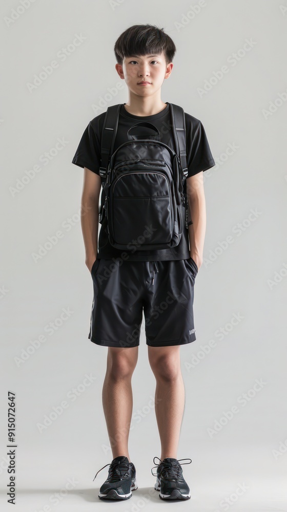 Asian male junior high school student, sports shorts with short sleeves, full body. Asian male junior high school student, sports shorts with short sleeves, full body.