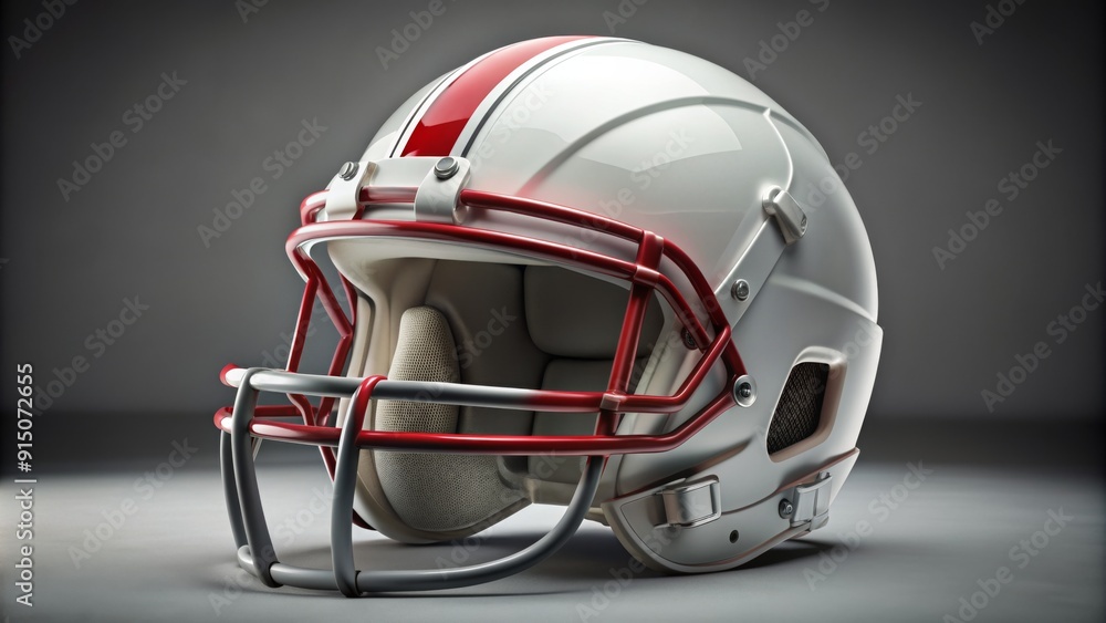 Fototapeta premium White and Red Football Helmet with Grey Background - Sport, American Football, Safety, Game Day, Athlete, Equipment, Victory