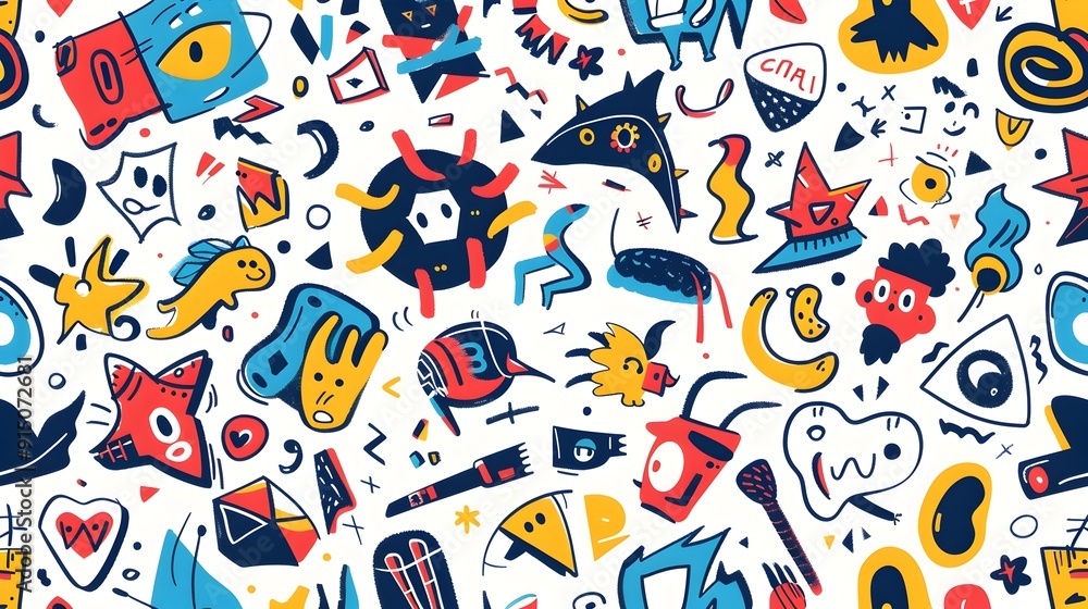Naklejka premium Whimsical Abstract Pattern with Playful Symbols and Icons Perfect for Sticker Design