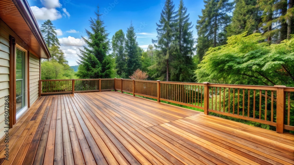 Wide Angle View of a Newly Built Deck With a Wooden Railing and a View of Trees and a Blue Sky Keywords Deck, Wooden Railing, Trees, Blue Sky, Wide Angle, Newly Built, Outdoor Living Wide Angle View of a Newly Built Deck With a Wooden Railing and a View of Trees and a Blue Sky Keywords Deck, Wooden Railing, Trees, Blue Sky, Wide Angle, Newly Built, Outdoor Living