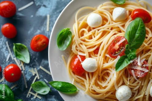 Classical italian spaghetti with tomatoes, tomato sauce, basil, milk mozzarella and parmesan cheese photo