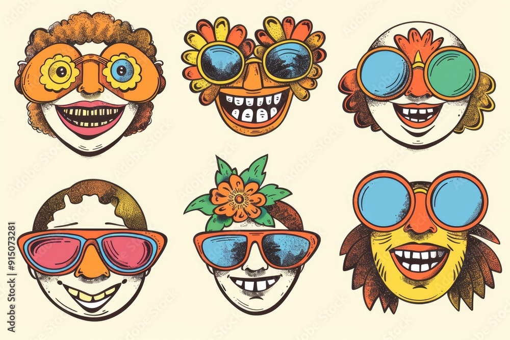 A collection of smiling cartoon faces with trendy sunglasses A collection of smiling cartoon faces with trendy sunglasses