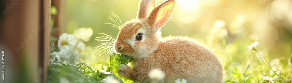 Fototapeta premium Adorable bunny rabbit eating grass in a field.