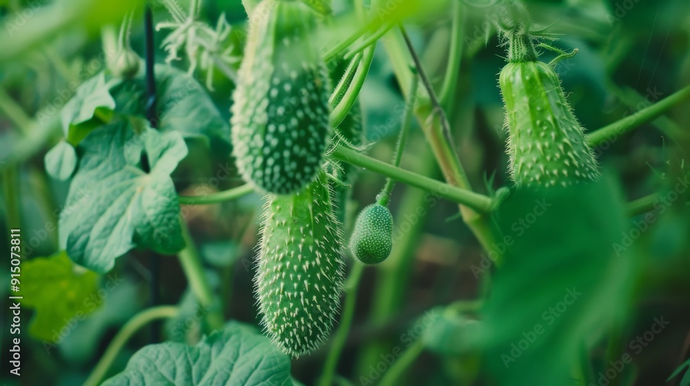 Fresh cucumbers hanging from vines in a lush green garden, captured in vibrant detail. Fresh cucumbers hanging from vines in a lush green garden, captured in vibrant detail.