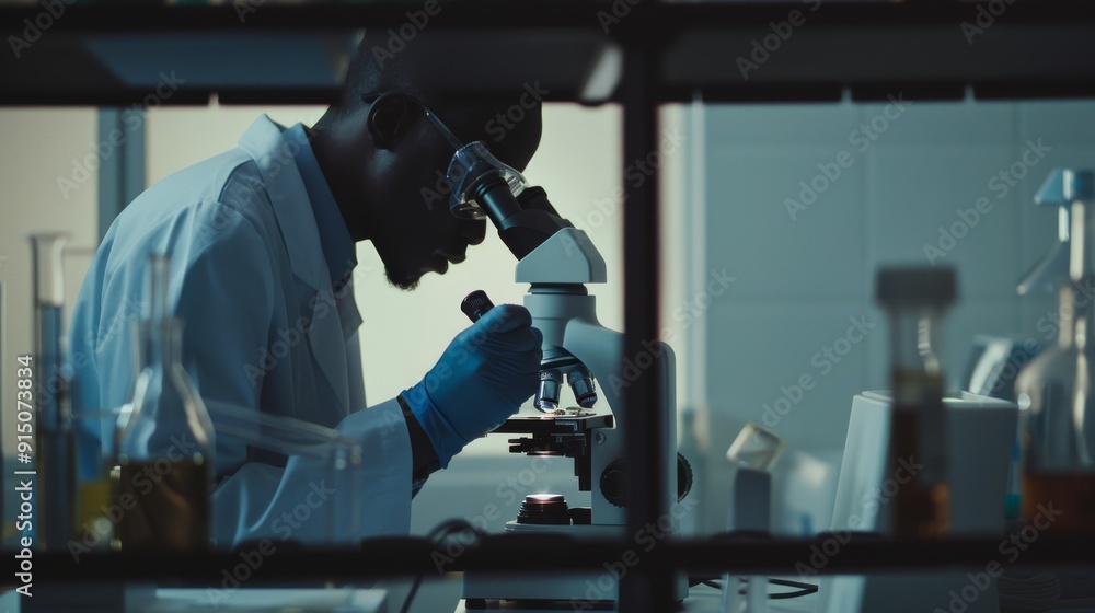 A scientist intensely examining a sample under a microscope in a laboratory, symbolizing dedication and precision in scientific research. A scientist intensely examining a sample under a microscope in a laboratory, symbolizing dedication and precision in scientific research.