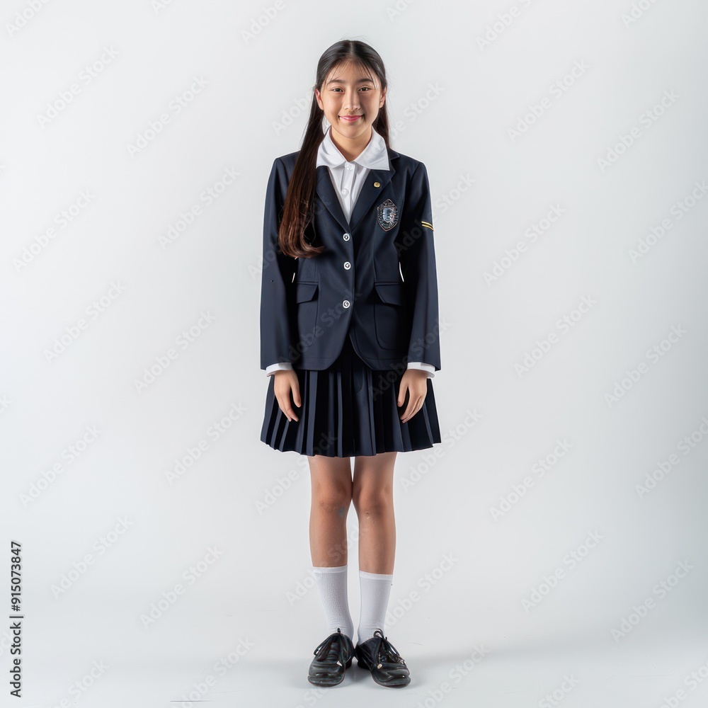 Full body image of person wearing school uniform on white background. Full body image of person wearing school uniform on white background.